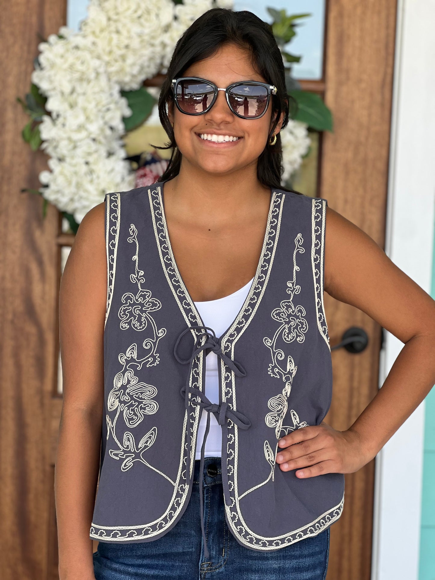 Dusty Navy Embroidered Tie Vest