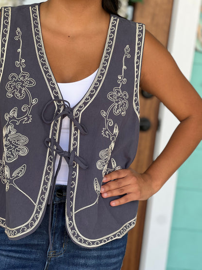 Dusty Navy Embroidered Tie Vest
