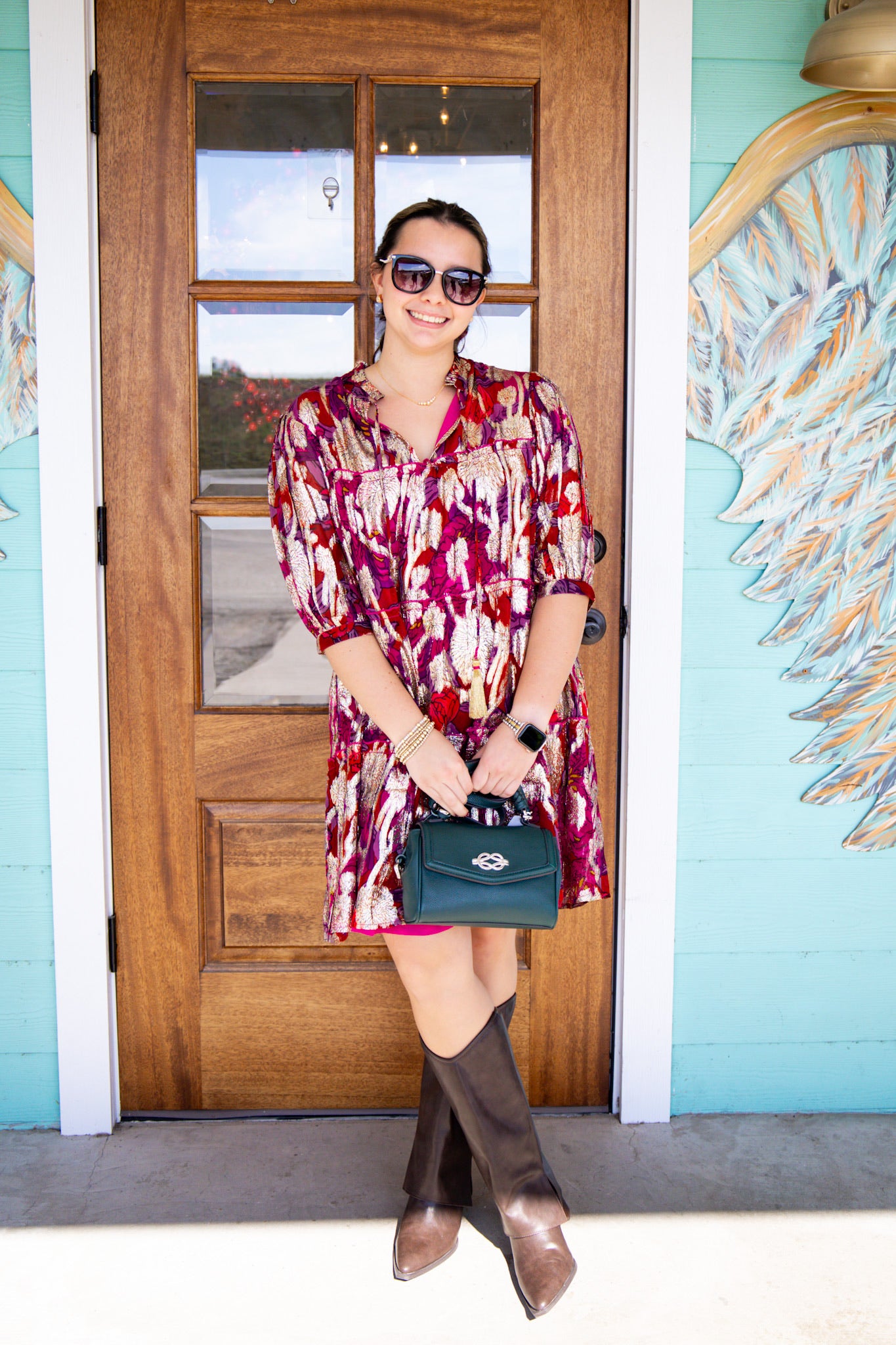 Wine Metallic Floral Print Dress