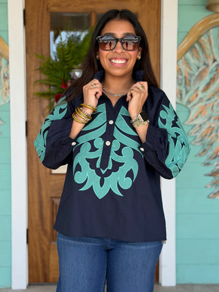 Navy & Aqua Baroque Embroidered Top