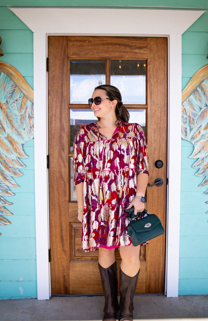 Wine Metallic Floral Print Dress