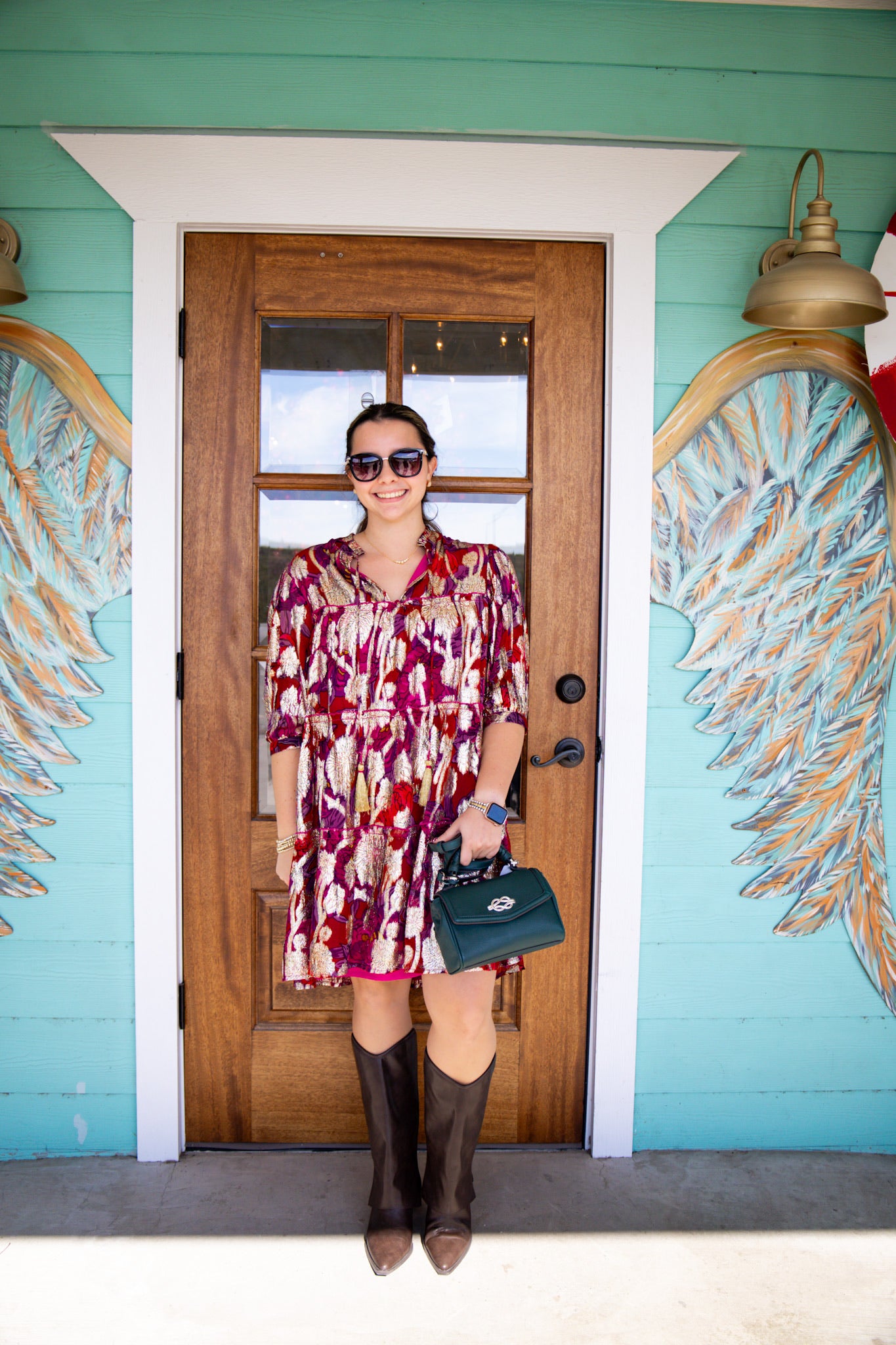 Wine Metallic Floral Print Dress