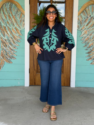 Navy & Aqua Baroque Embroidered Top