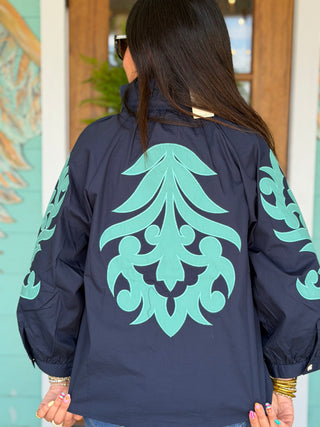 Navy & Aqua Baroque Embroidered Top