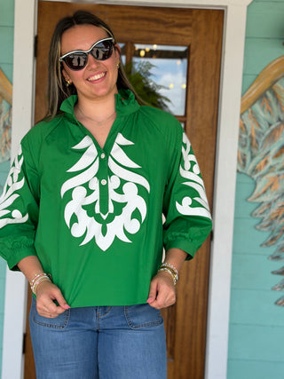 Kelly Green Baroque Embroidered Top