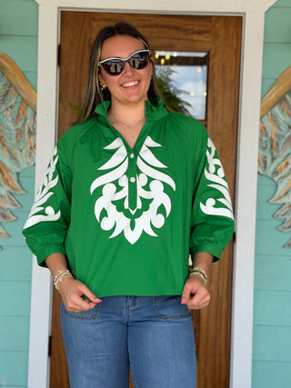 Kelly Green Baroque Embroidered Top