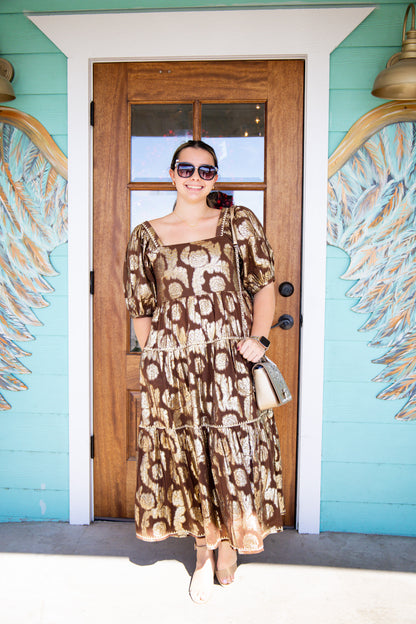 Ivy Jane Chocolate Metallic Rose Midi Dress