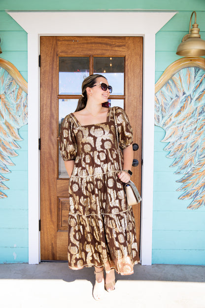 Ivy Jane Chocolate Metallic Rose Midi Dress