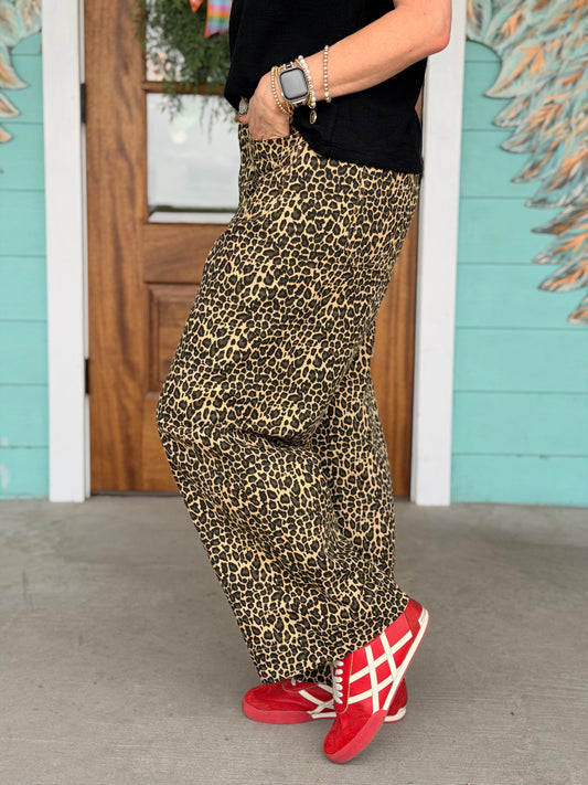 Leopard Taupe Wide Leg Denim Pants
