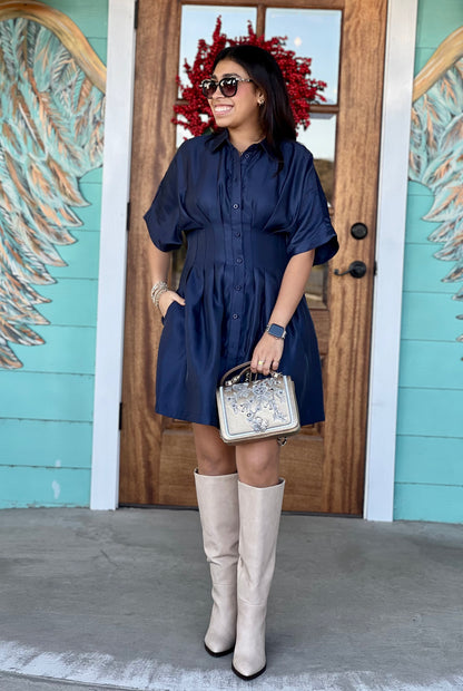 Navy Pleated Waist Mini Dress