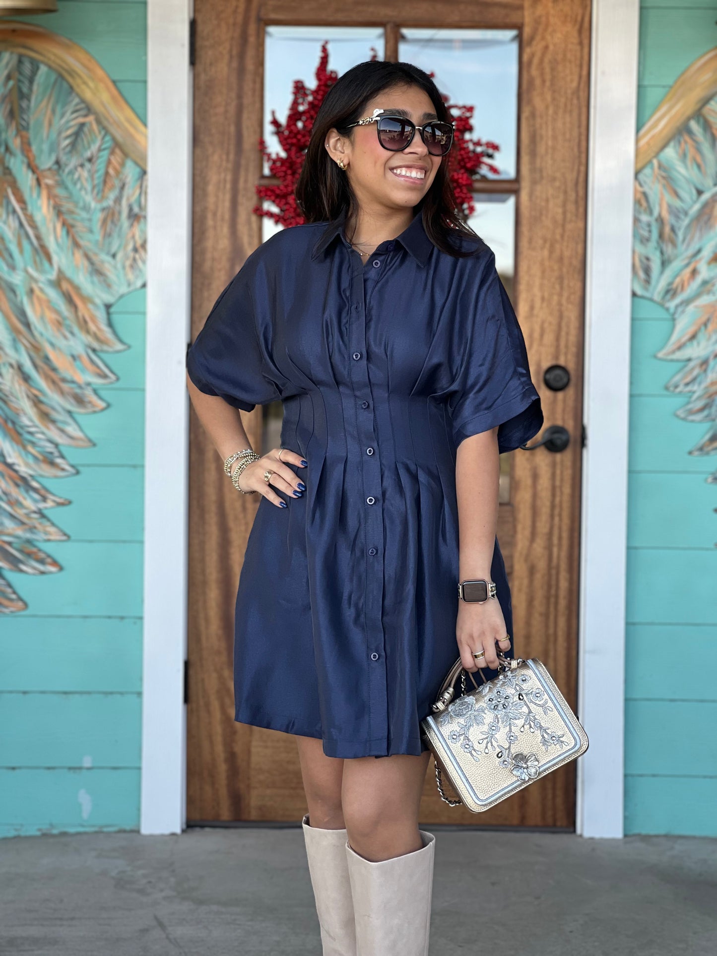 Navy Pleated Waist Mini Dress