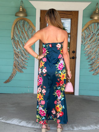 Navy Botanical Strapless Maxi Dress