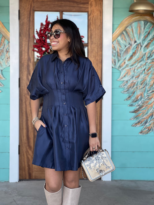 Navy Pleated Waist Mini Dress