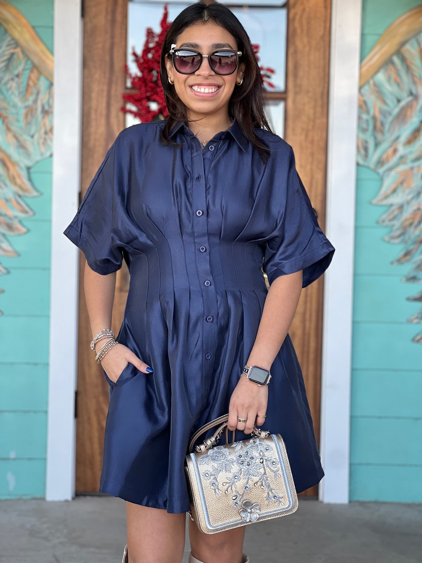 Navy Pleated Waist Mini Dress