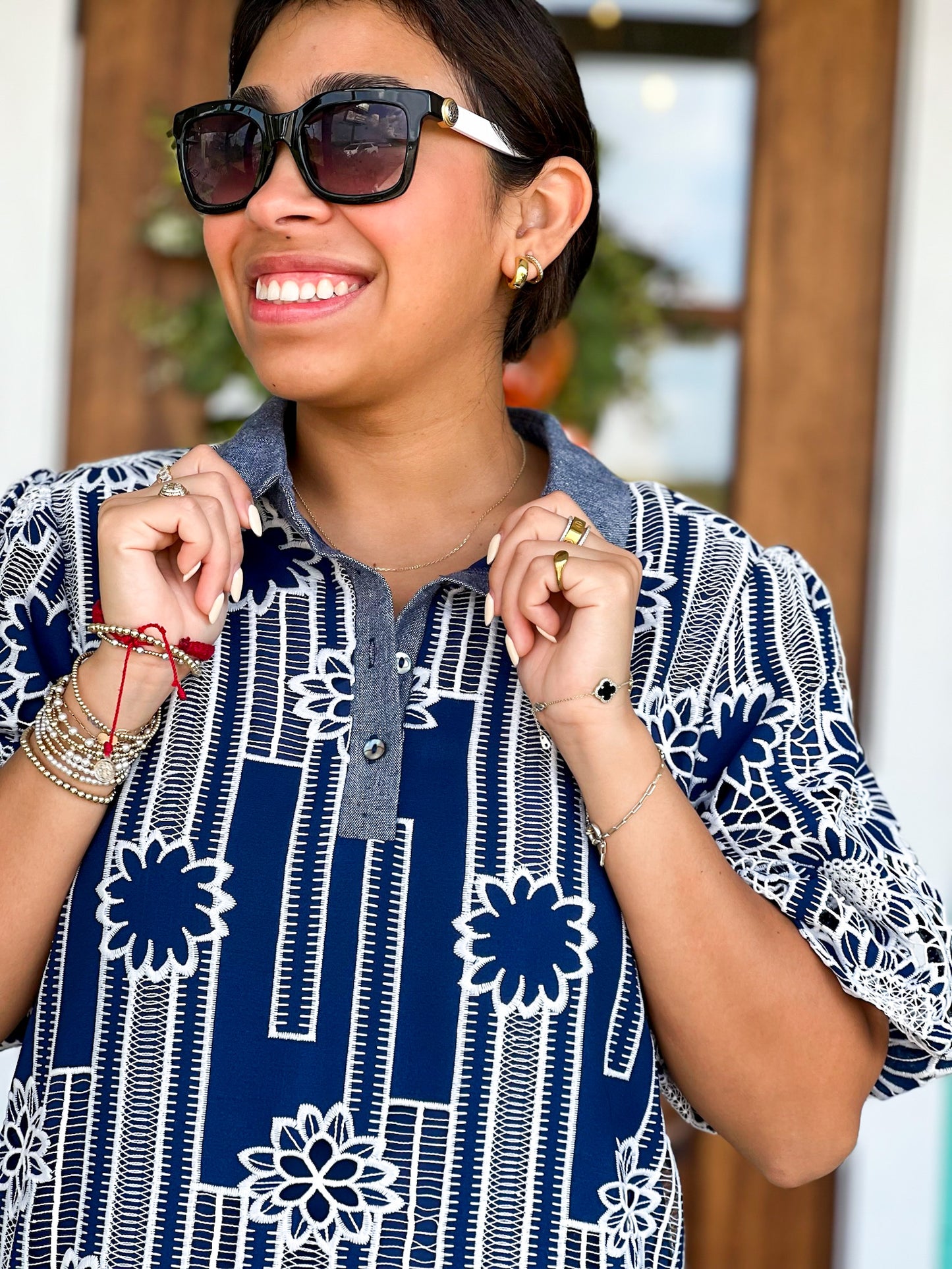 Navy & White Embroidered Collared Dress