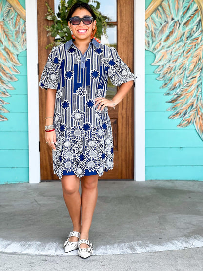 Navy & White Embroidered Collared Dress