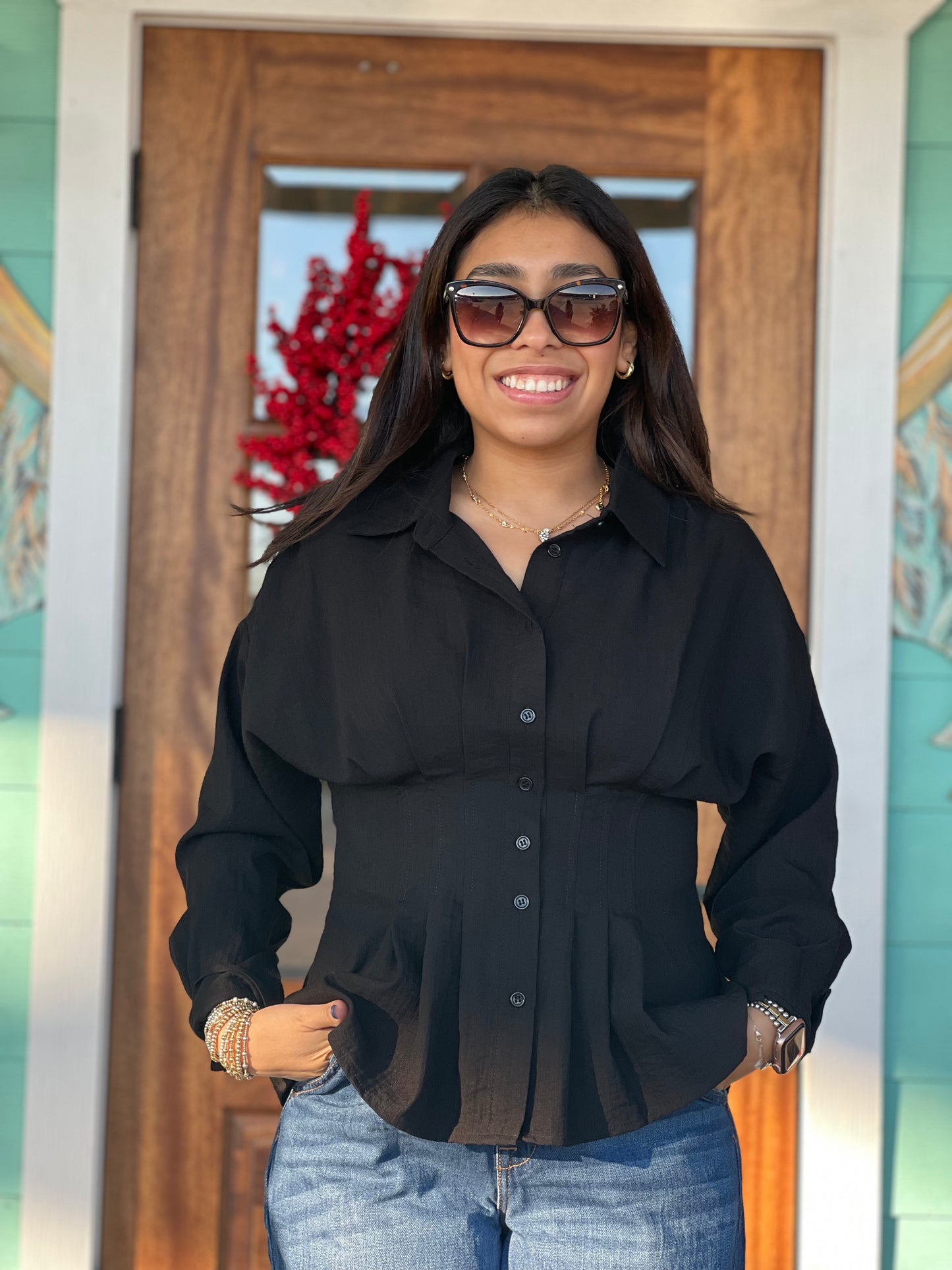 Black Pintuck Long Sleeve Top