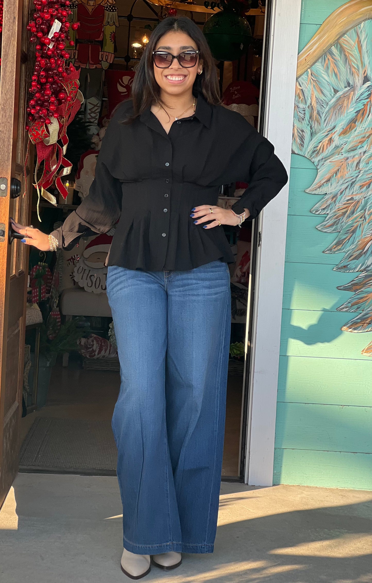 Black Pintuck Long Sleeve Top