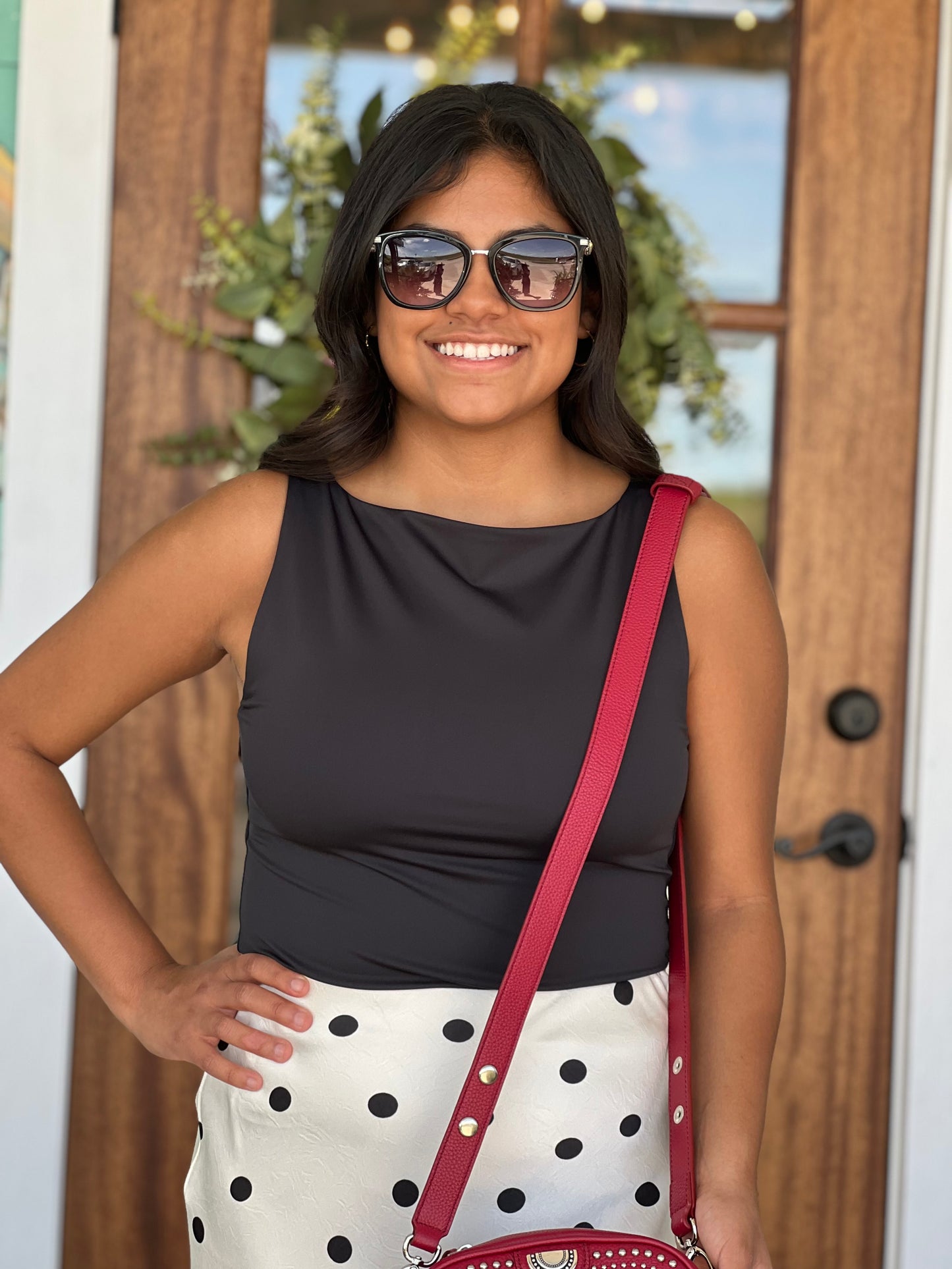 Black Poly Spun Jewel Neck Top