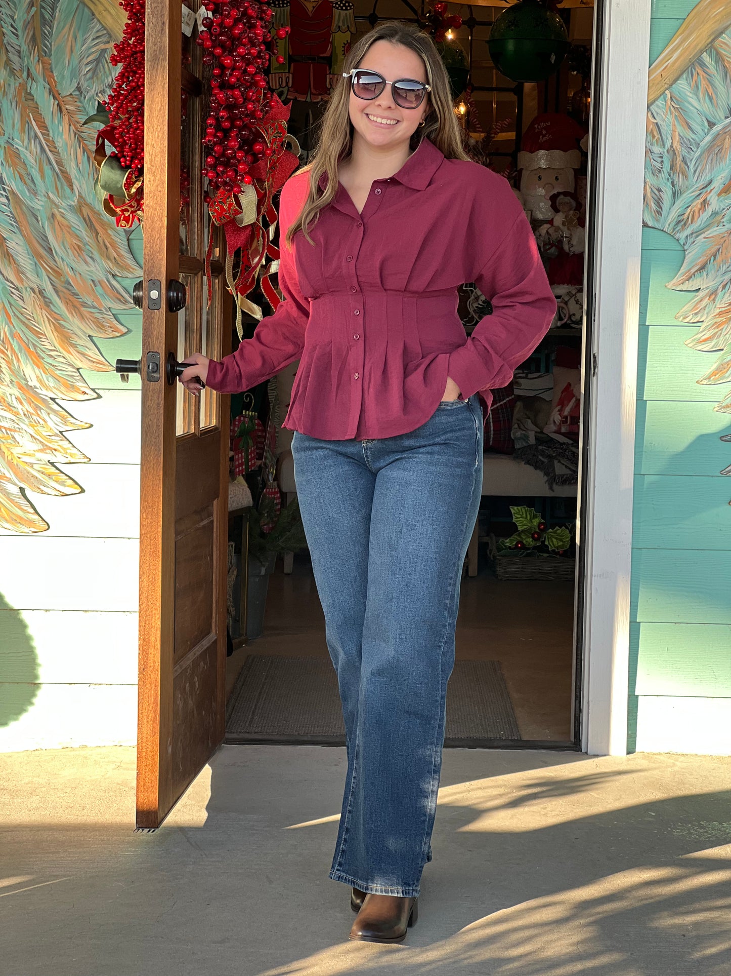 Burgundy Pintuck Long Sleeve Top