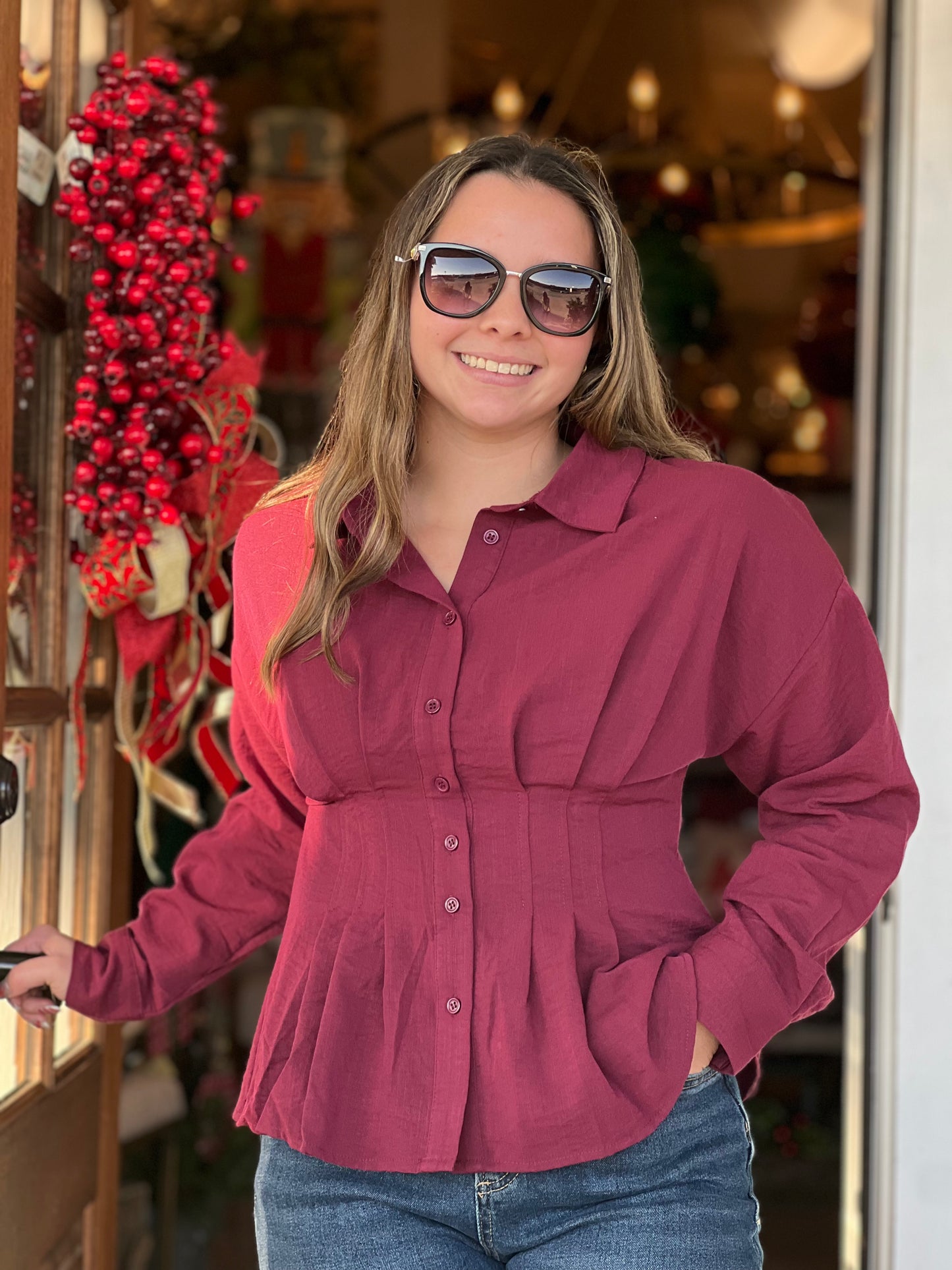 Burgundy Pintuck Long Sleeve Top