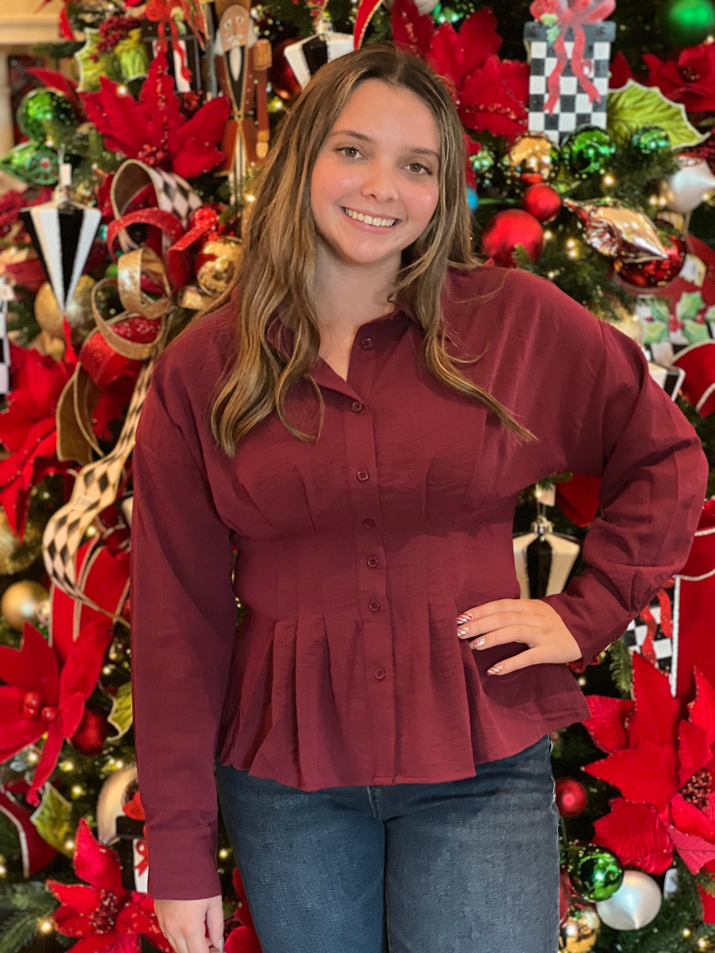 Burgundy Pintuck Long Sleeve Top
