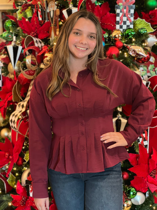 Burgundy Pintuck Long Sleeve Top