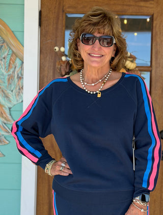 Galaxy Blue w/Neon Stripe  Fleece Off Shoulder Top