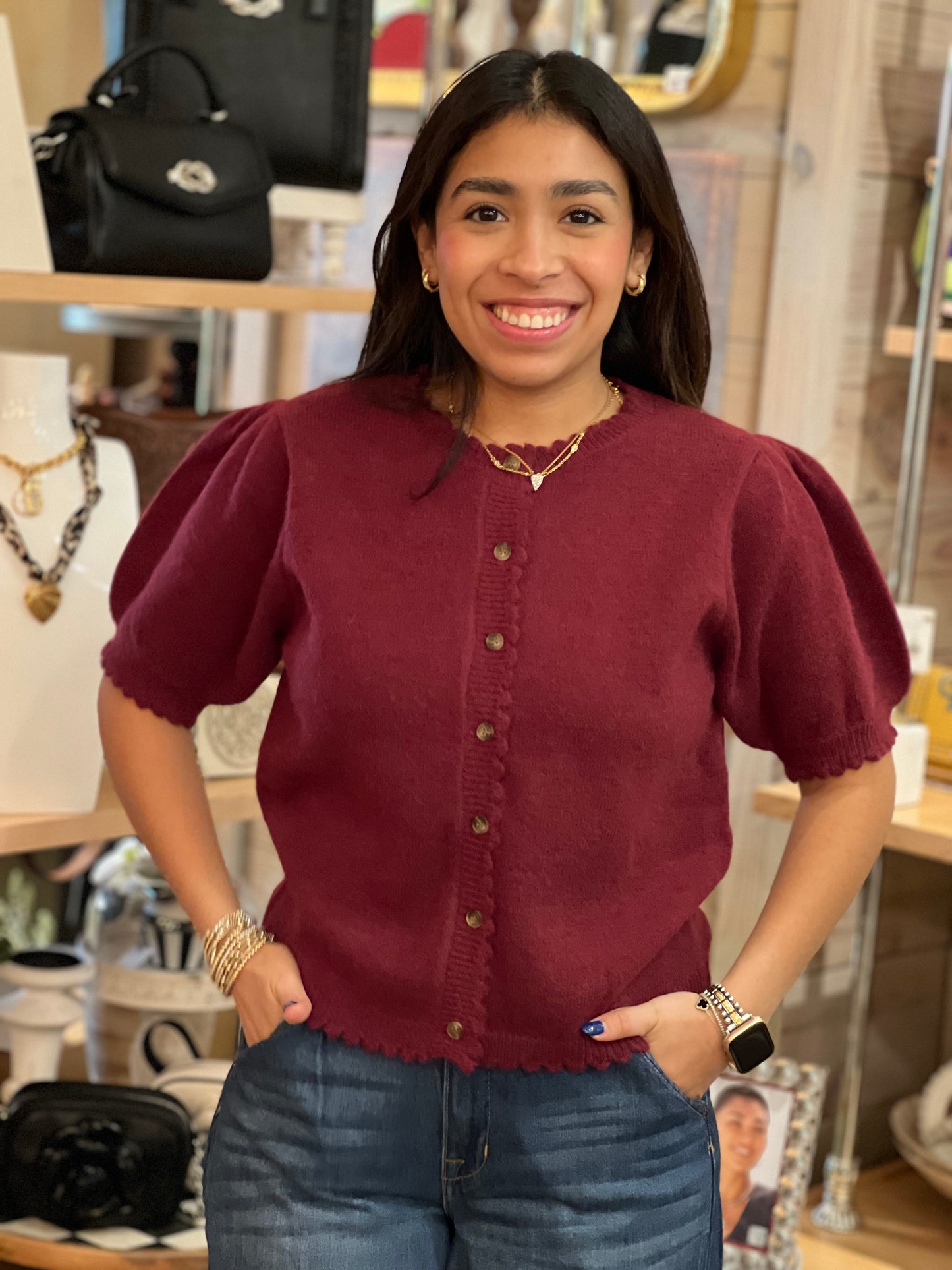 Wine Short Puff Sleeve Sweater
