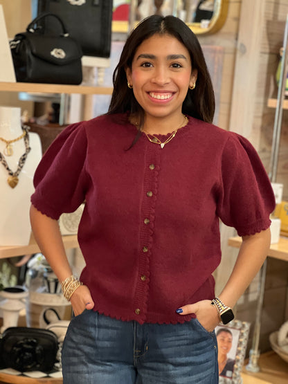 Wine Short Puff Sleeve Sweater