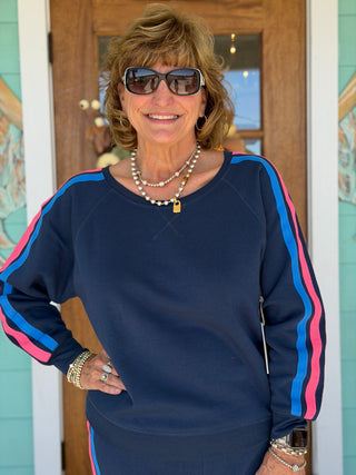 Galaxy Blue w/Neon Stripe  Fleece Off Shoulder Top