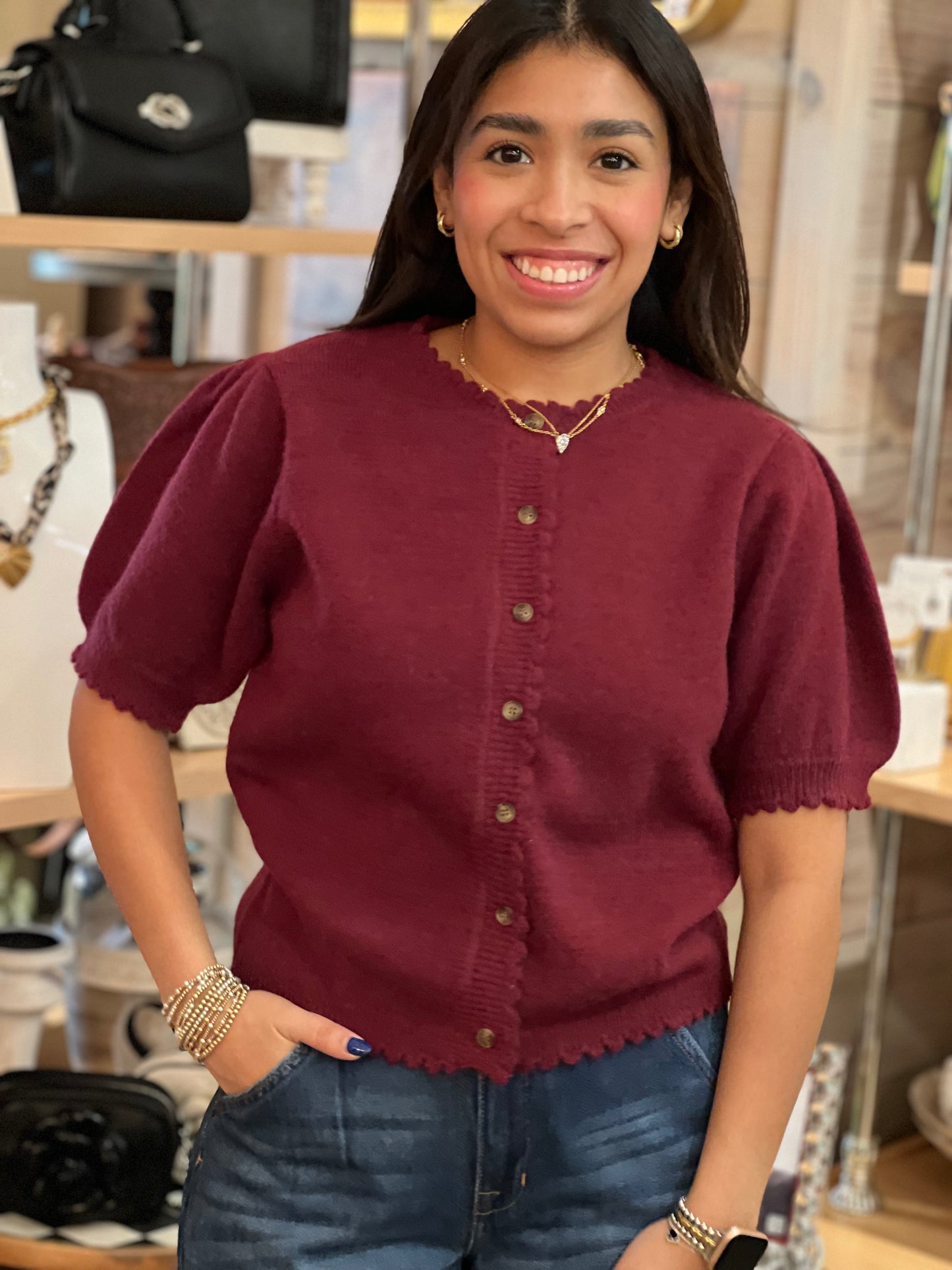 Wine Short Puff Sleeve Sweater