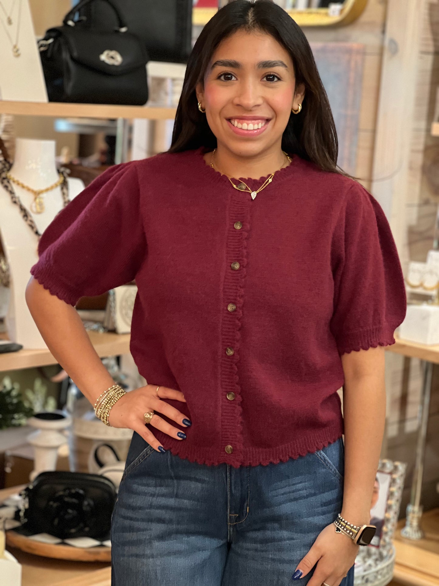 Wine Short Puff Sleeve Sweater