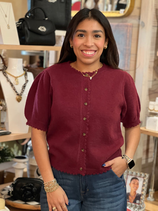 Wine Short Puff Sleeve Sweater
