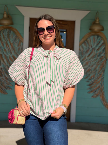THML Pink & Creen Stripe Puff Sleeve Top