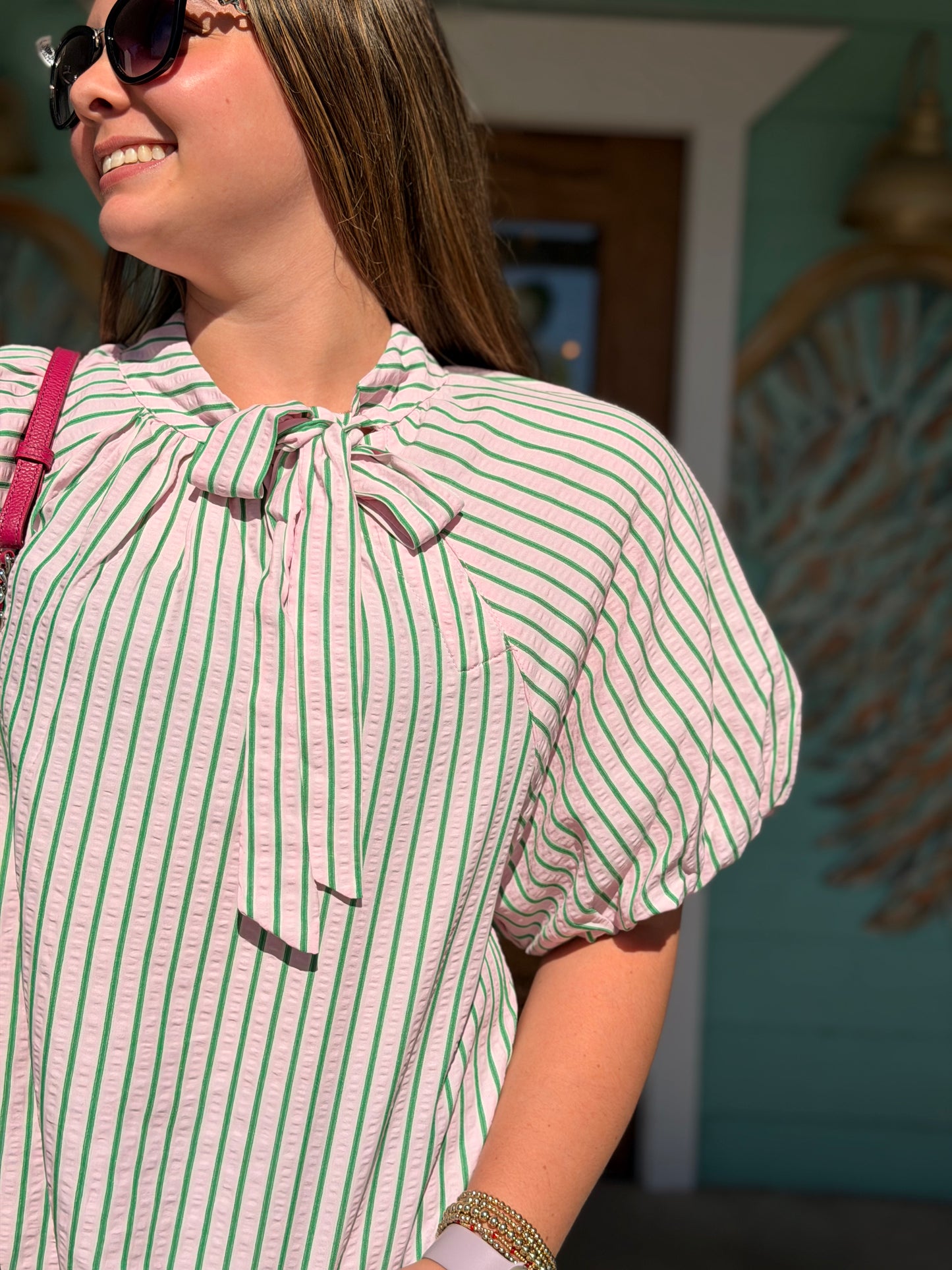 THML Pink & Creen Stripe Puff Sleeve Top