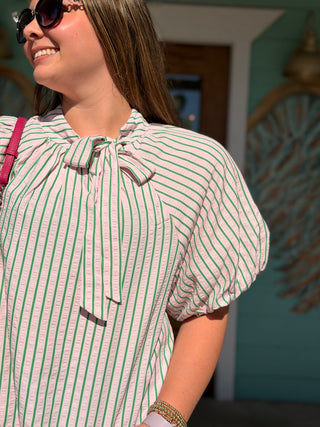 THML Pink & Creen Stripe Puff Sleeve Top