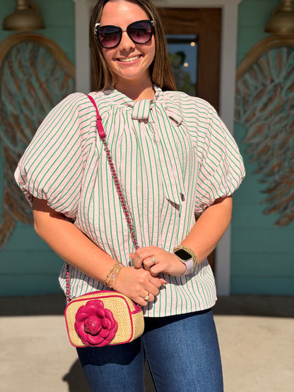 THML Pink & Creen Stripe Puff Sleeve Top