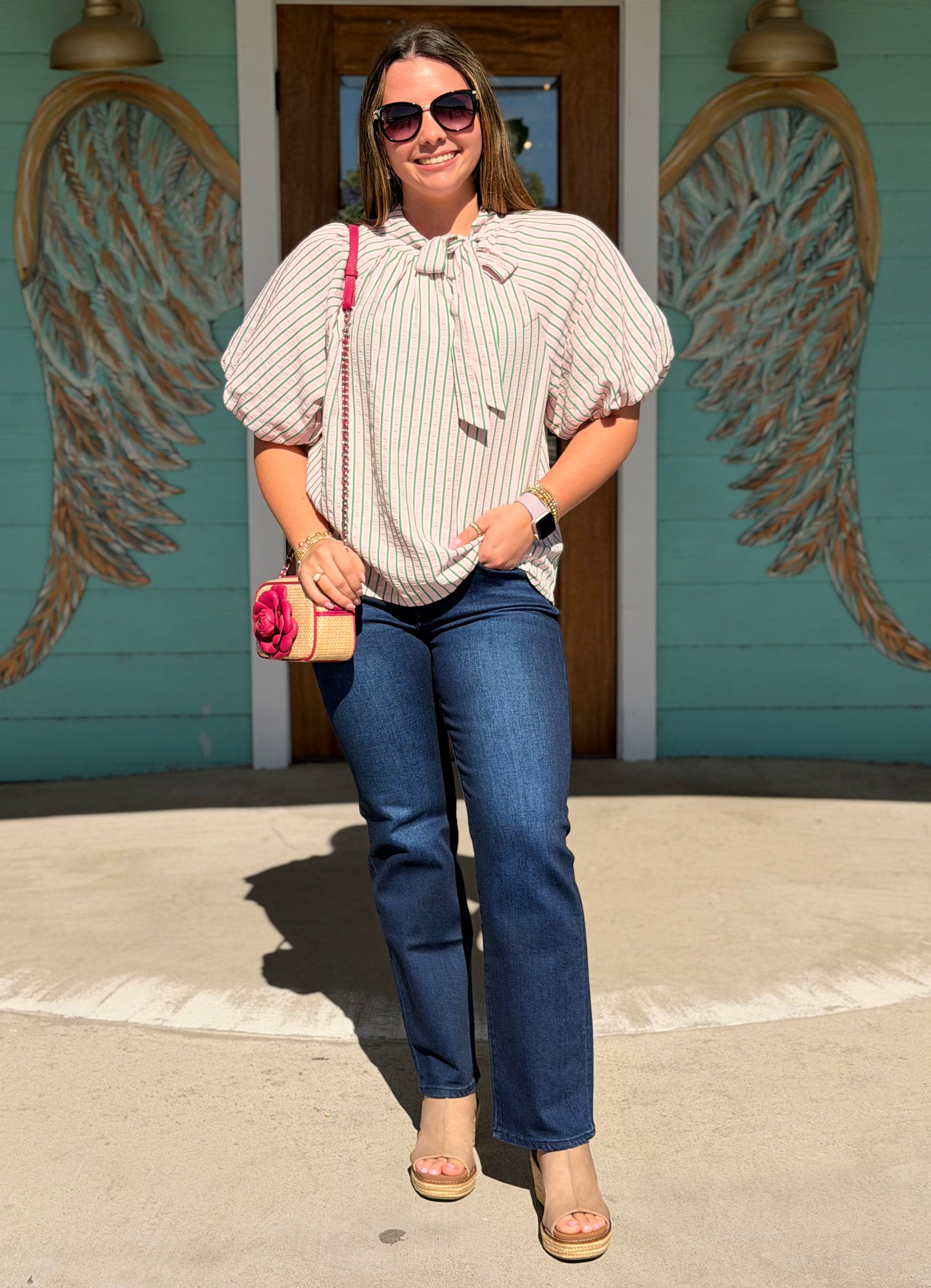 THML Pink & Creen Stripe Puff Sleeve Top