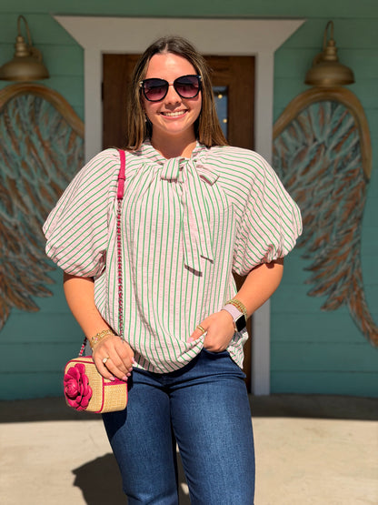 THML Pink & Creen Stripe Puff Sleeve Top