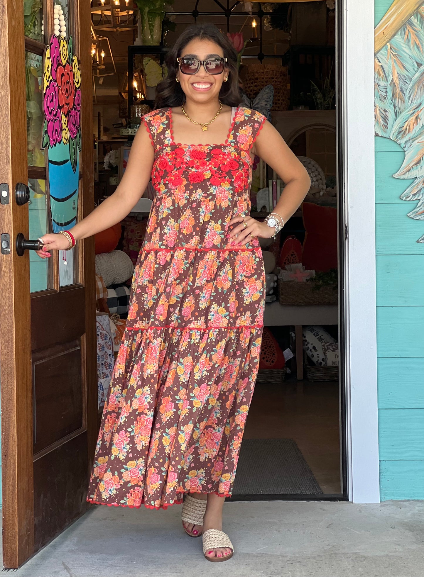 Sister Mary Embroidered Cocoa Rosa Midi Dress
