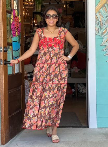 Sister Mary Embroidered Cocoa Rosa Midi Dress