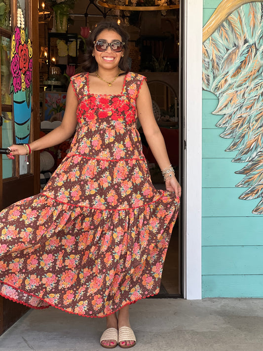 Sister Mary Embroidered Cocoa Rosa Midi Dress