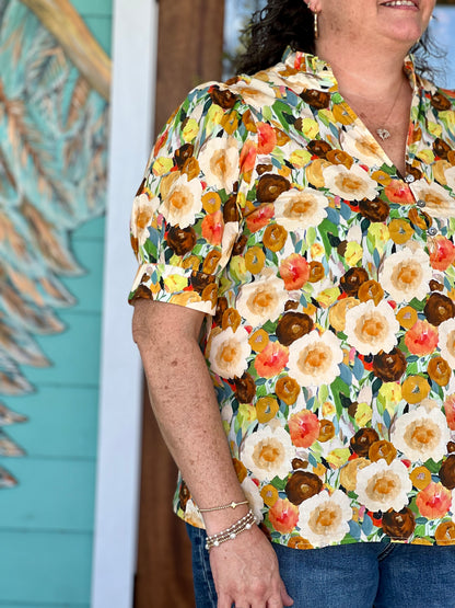 Camel Floral Print Puff Sleeve Top