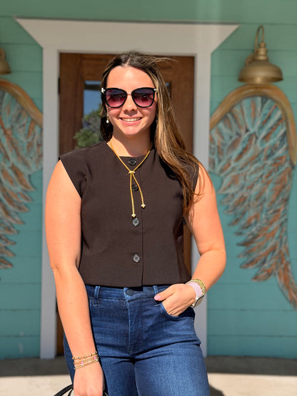 Black Button Vest Top