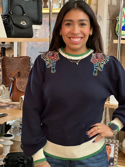 Navy Embroidered Tiger Sweater
