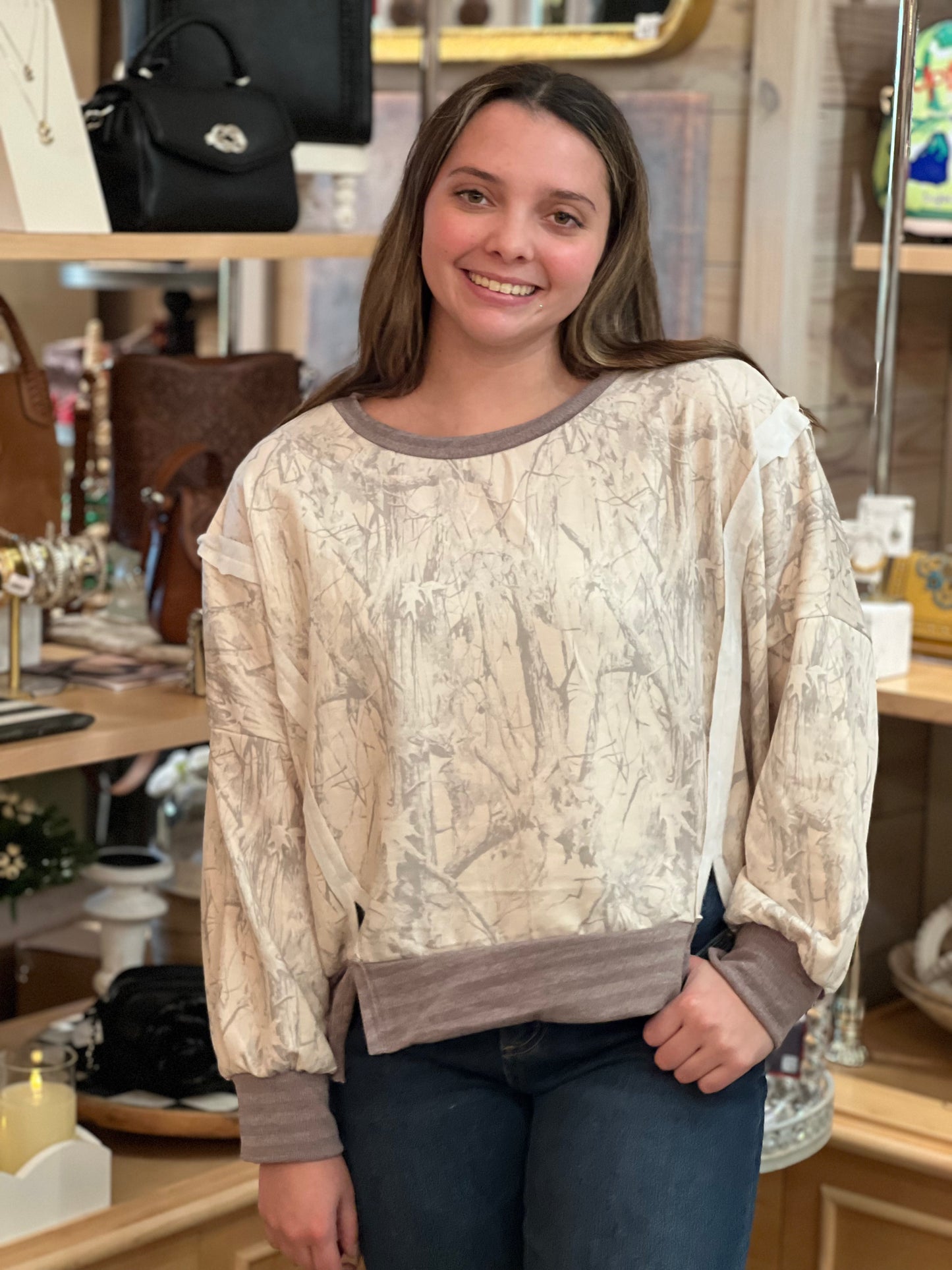 Taupe Camo Raw Edge Top