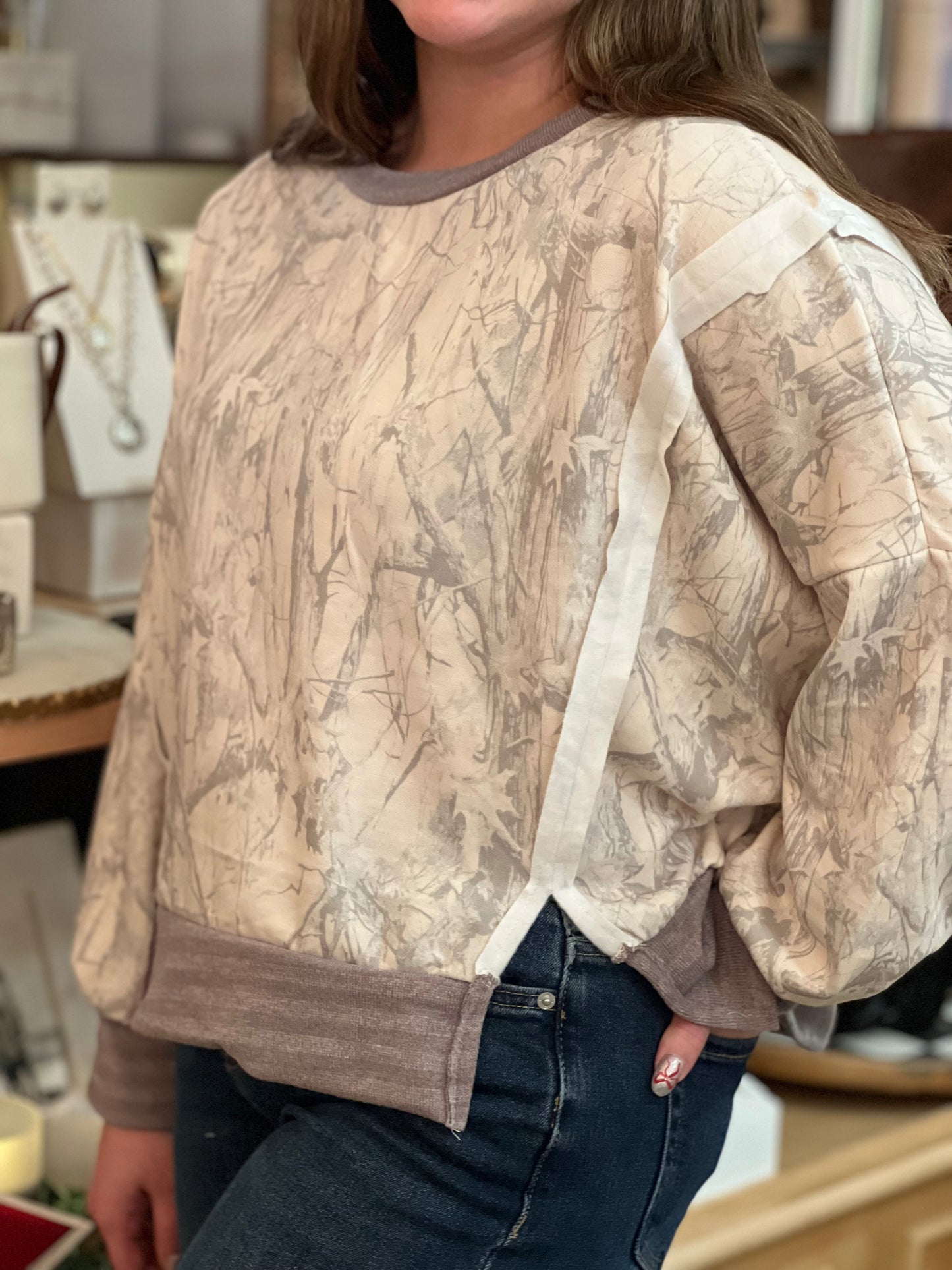 Taupe Camo Raw Edge Top