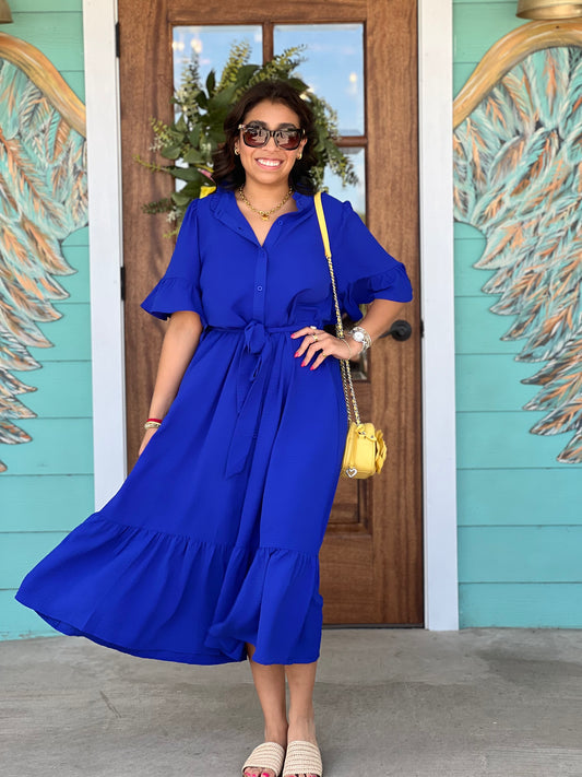 Royal Blue Bell Sleeve Midi Dress