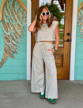 Ivory & Black Elastic Waist Stripe Pants